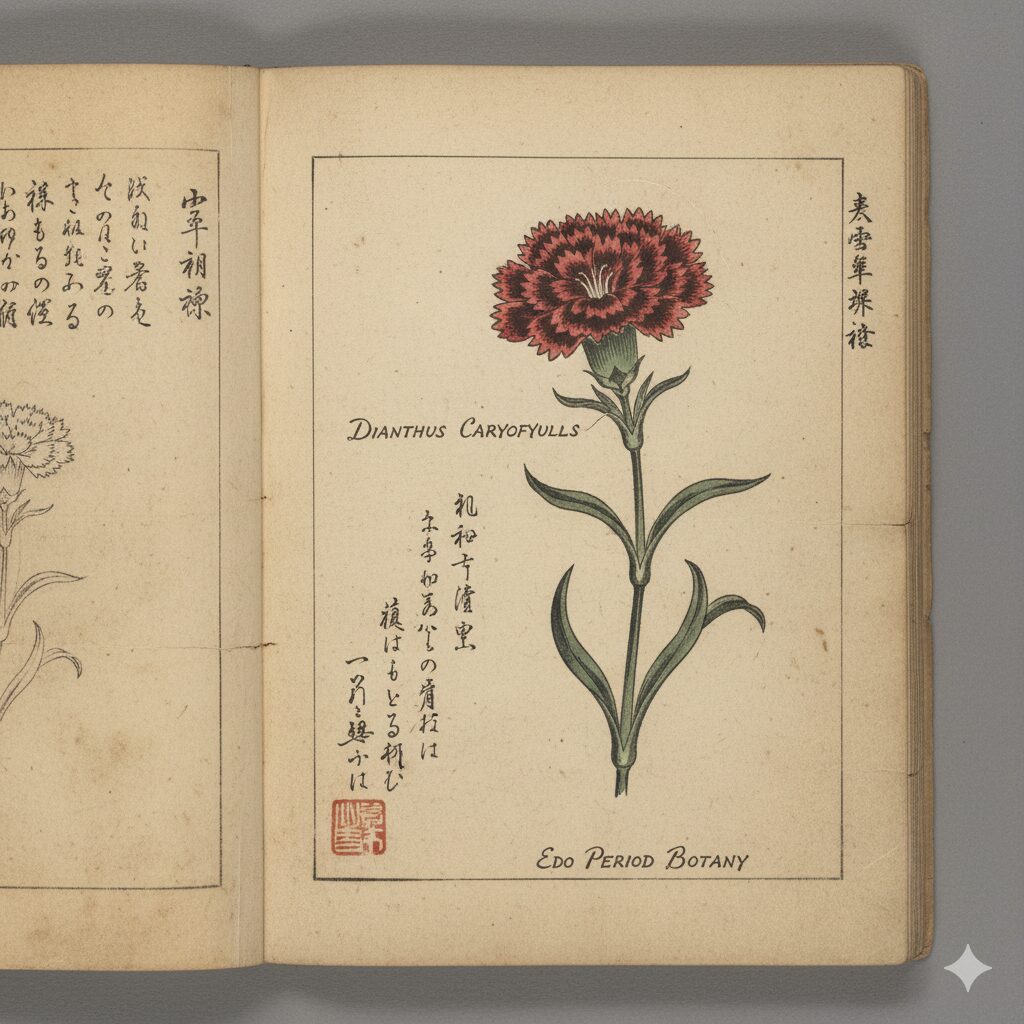 カーネーション 和名　江戸時代の園芸書に記されたカーネーションの古称「アンジャベル」の植物画イメージ