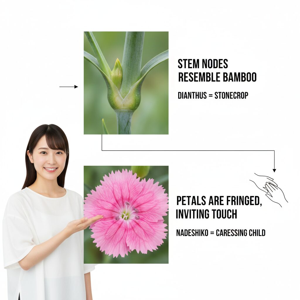 カーネーション 和名カーネーションの和名「石竹」の由来となった茎の節と竹の類似性を示す図解