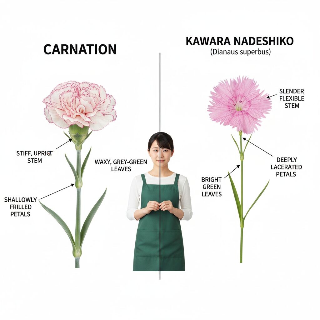 カーネーション 和名　カーネーション（オランダセキチク）と日本原産カワラナデシコの茎と花弁の比較写真