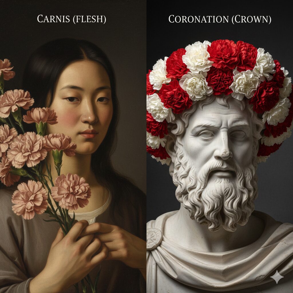 カーネーション 和名　カーネーションの英語名の語源とされる「肉色（Carnis）」と「戴冠式（Coronation）」のイメージイラスト
