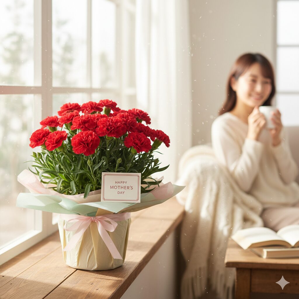 カーネーション 植え替え時期　母の日のギフトとして贈られた満開の赤いカーネーションの鉢植え