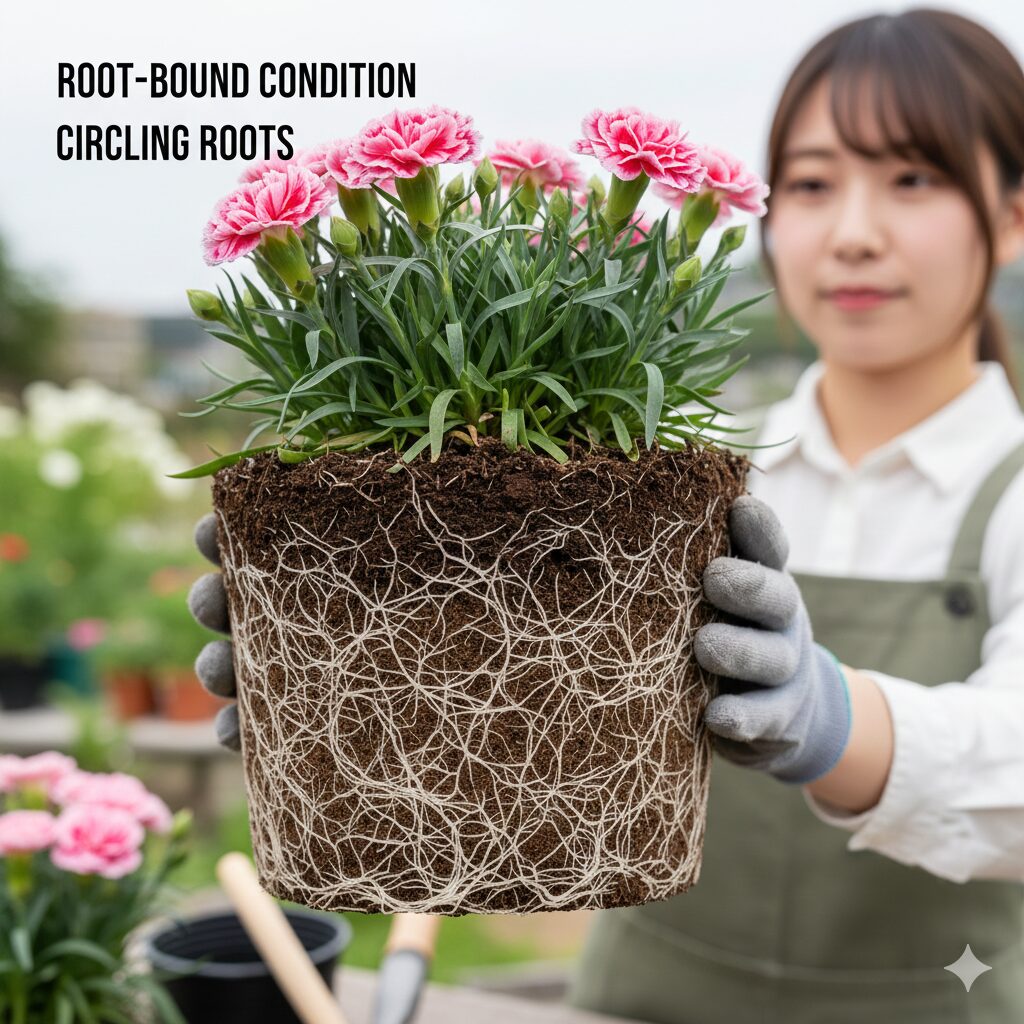 カーネーション 植え替え時期　カーネーションの植え替え時期を示す根詰まり（サークリング）の状態