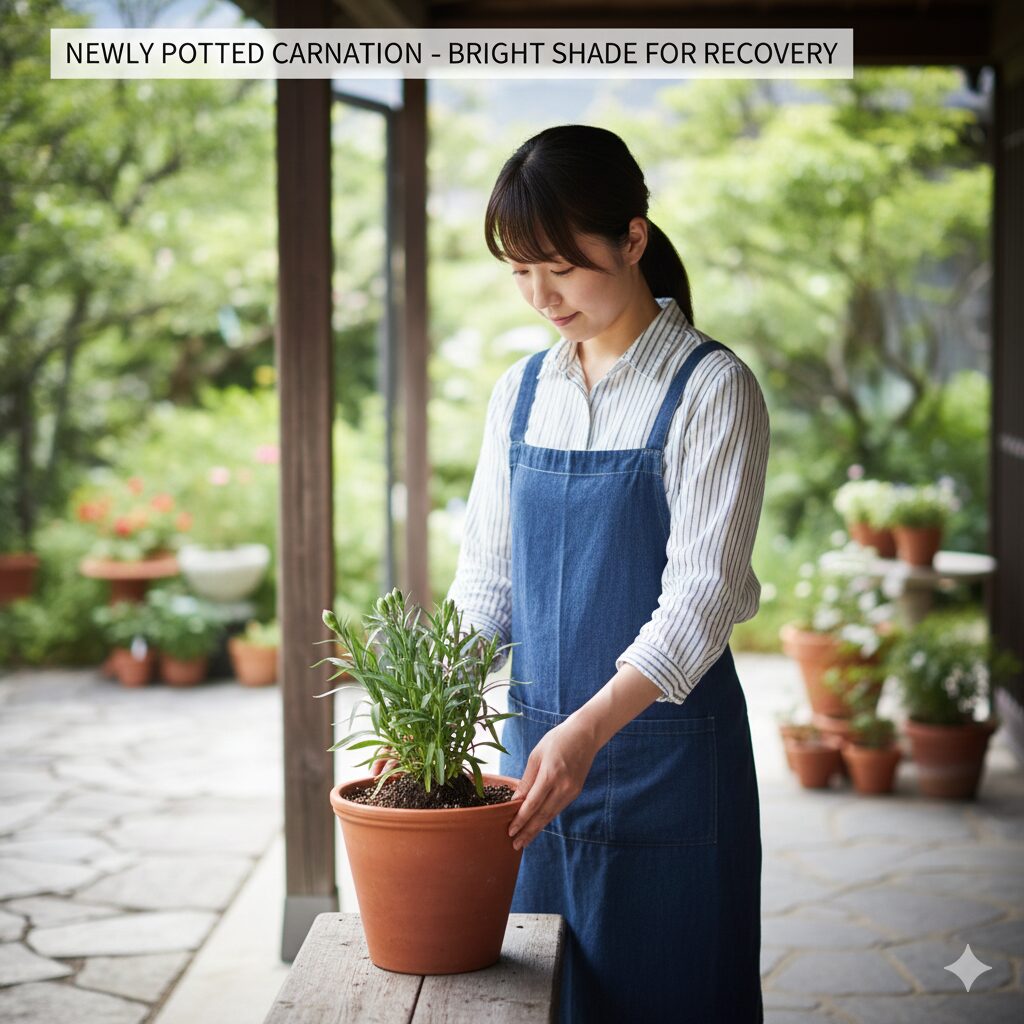 カーネーション 植え替え時期　植え替え後のカーネーションを直射日光を避けた明るい日陰で管理する様子