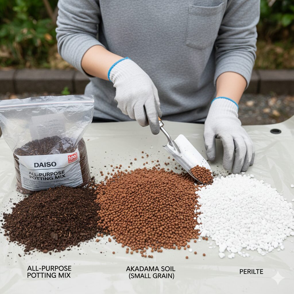 カーネーション 植え替え時期　ガーデニング用の作業シートの上に置かれた用土の材料。100均の培養土の袋、赤玉土（小粒）、パーライトが並べられ、スコップで混ぜ合わせようとしている様子。土の粒子の違いが分かる写真。