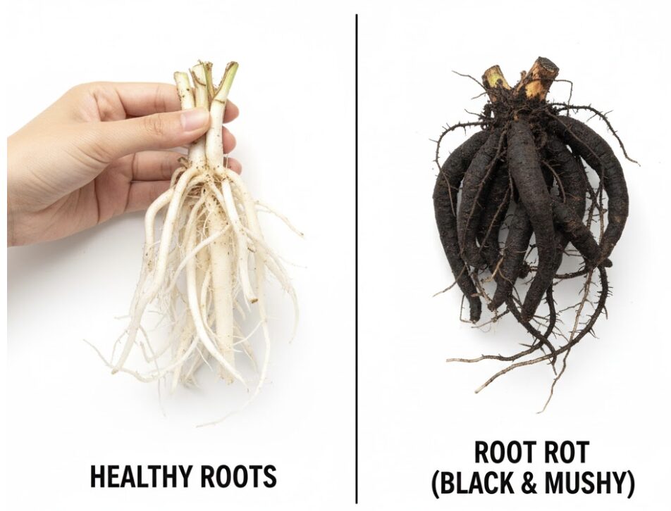 カーネーション 植え替え時期　カーネーションの健康な白い根と根腐れした黒い根の比較