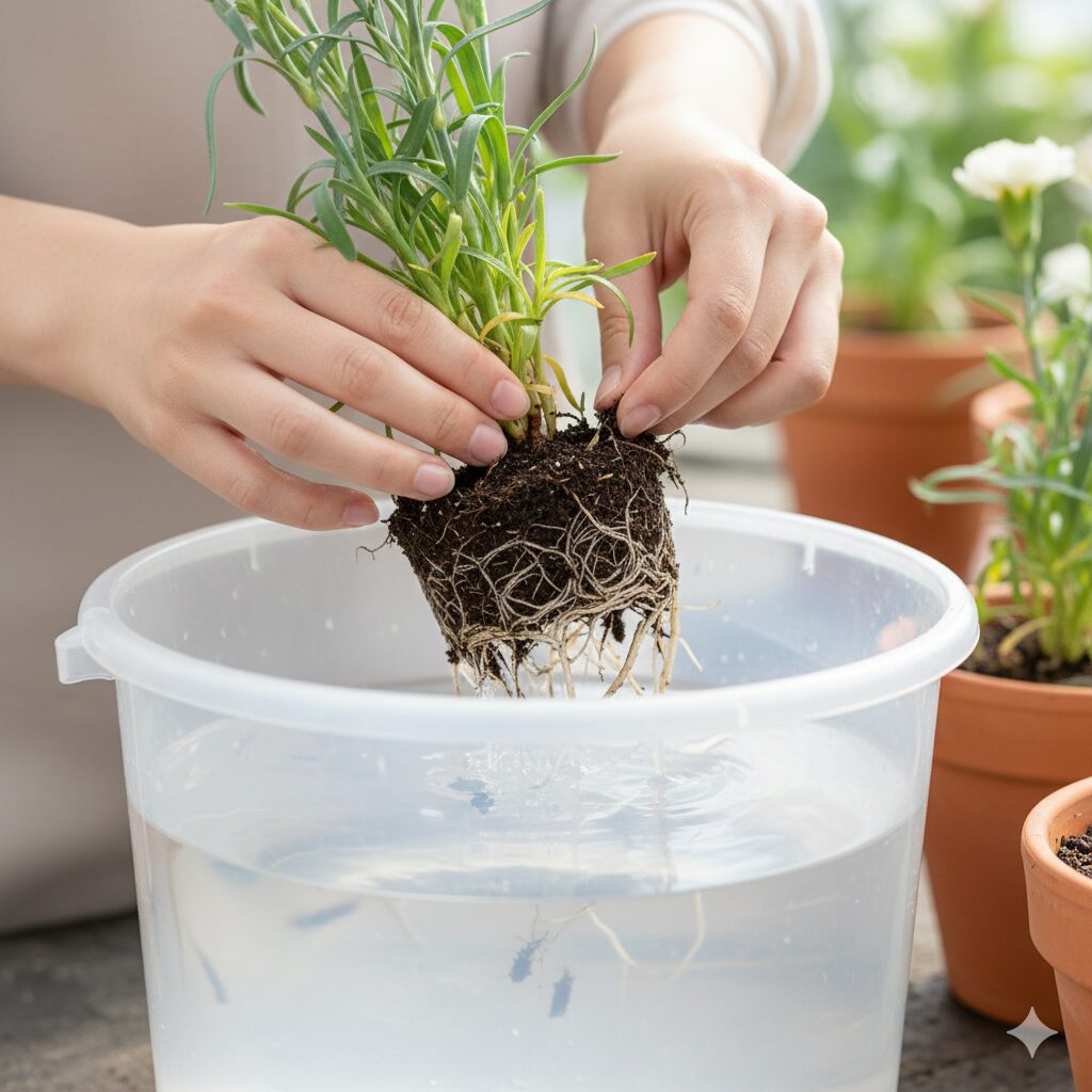 カーネーション 植え替え時期　根腐れしたカーネーションの根を水洗いして腐敗部分を除去する様子