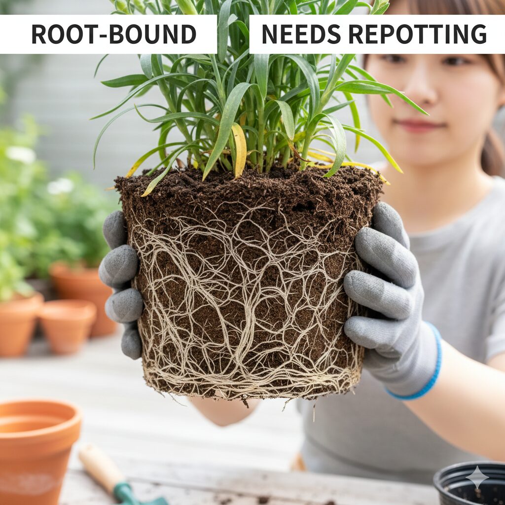 カーネーション 育て方 枯れる 鉢の中で根がびっしりと回り根詰まりを起こしているカーネーションの根鉢