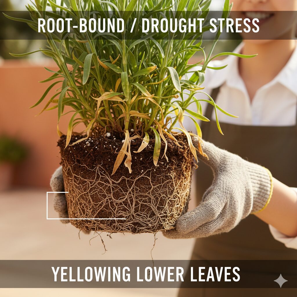 カーネーション 育て方 枯れる カーネーションの下葉が黄色く変色し枯れ上がっている様子