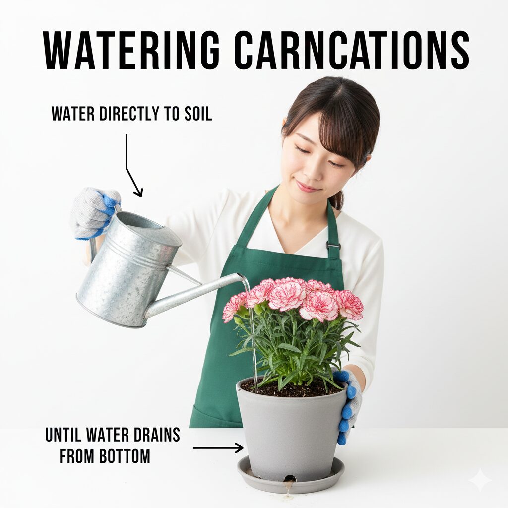 カーネーション 育て方 枯れる カーネーションの株元にジョウロでたっぷりと水やりをする正しい方法