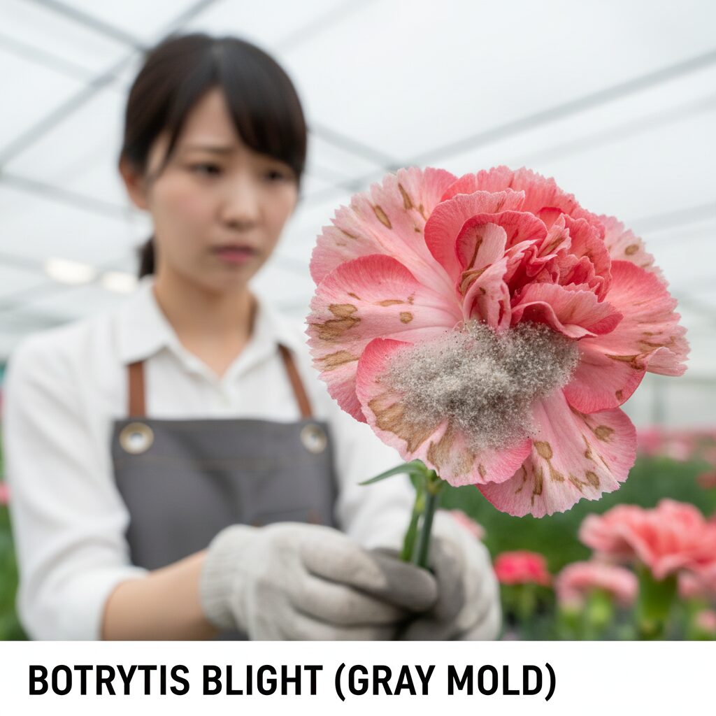 カーネーション 育て方 枯れる カーネーションの花弁に発生した灰色かび病(ボトリチス)の症状