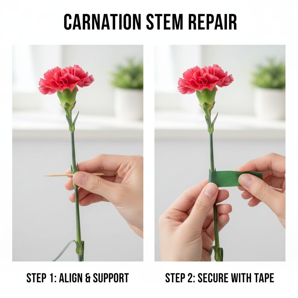 カーネーション 育て方 枯れる 折れたカーネーションの茎を添え木とテープで修復する応急処置の方法