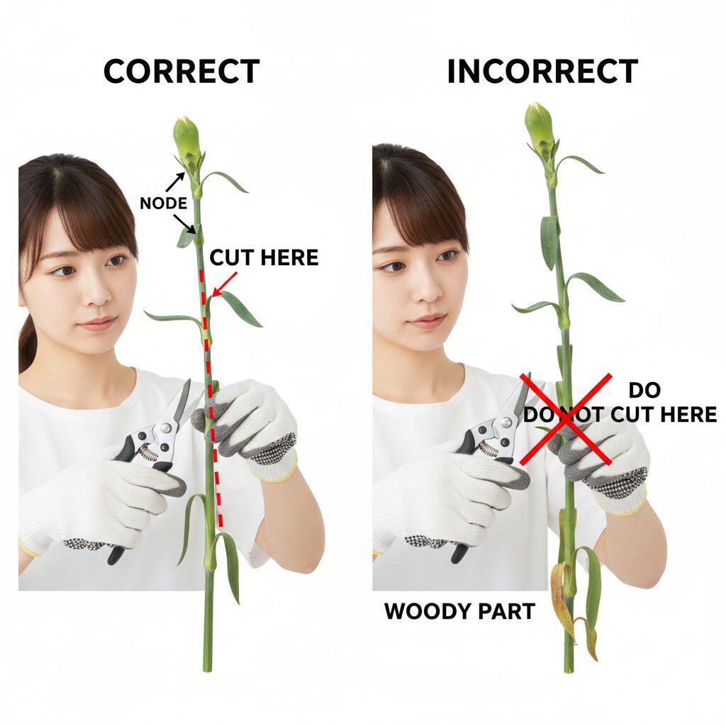 カーネーション 育て方 枯れる カーネーションの剪定位置の図解:緑の葉が残る節の上で切る