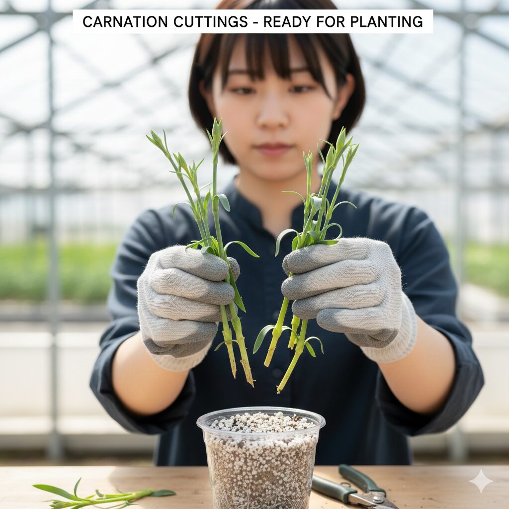 カーネーション 育て方 枯れる 下葉を取り除き切り口を斜めにカットしたカーネーションの挿し穂