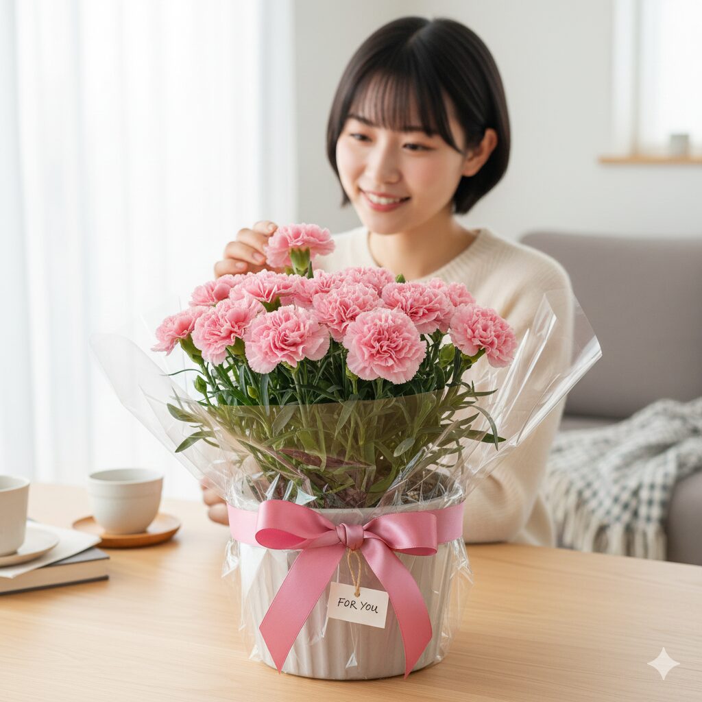 カーネーション 鉢植え もらったら　ギフトとして届いたラッピングされた美しいピンクのカーネーション鉢植え