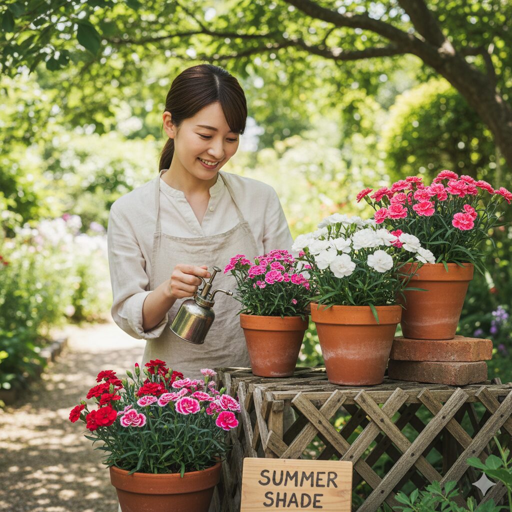 カーネーション 鉢植え もらったら　カーネーションを猛暑から守るための風通しの良い半日陰での夏越し管理
