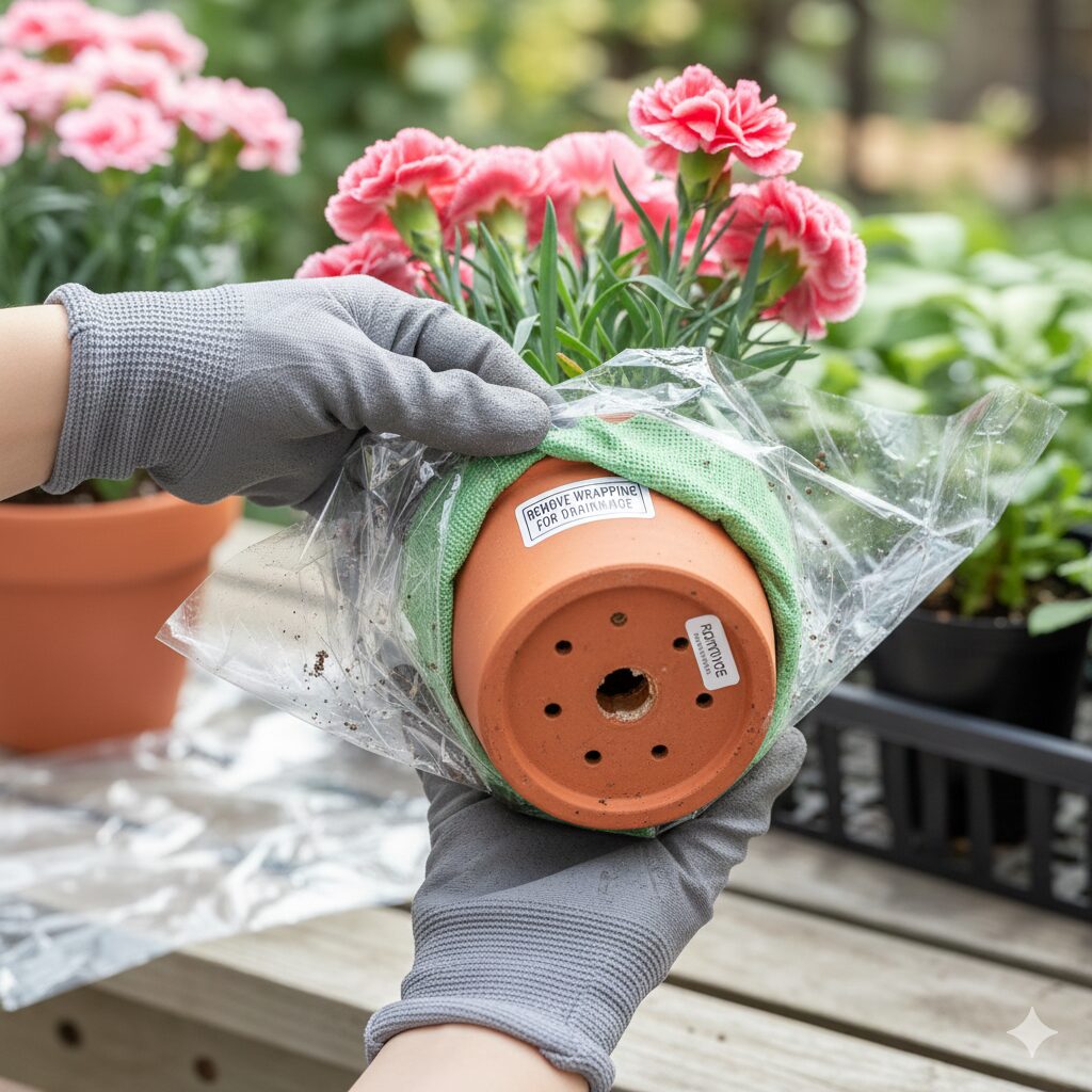 カーネーション 鉢植え もらったら　カーネーションの鉢植えの蒸れを防ぐためにラッピングを外して通気性を確保する様子