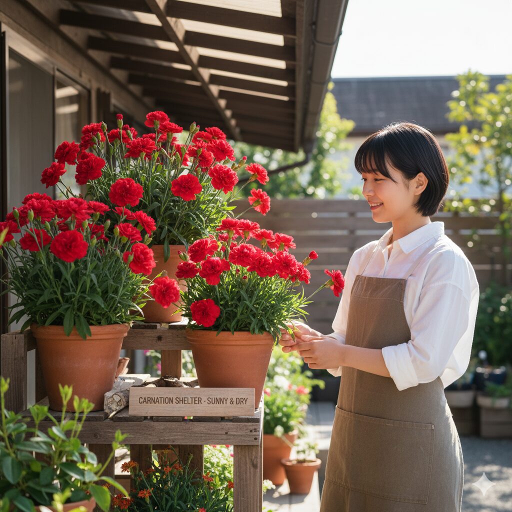 カーネーション 鉢植え もらったら　カーネーションの栽培に最適な日当たりと風通しの良い屋外の軒下の置き場所