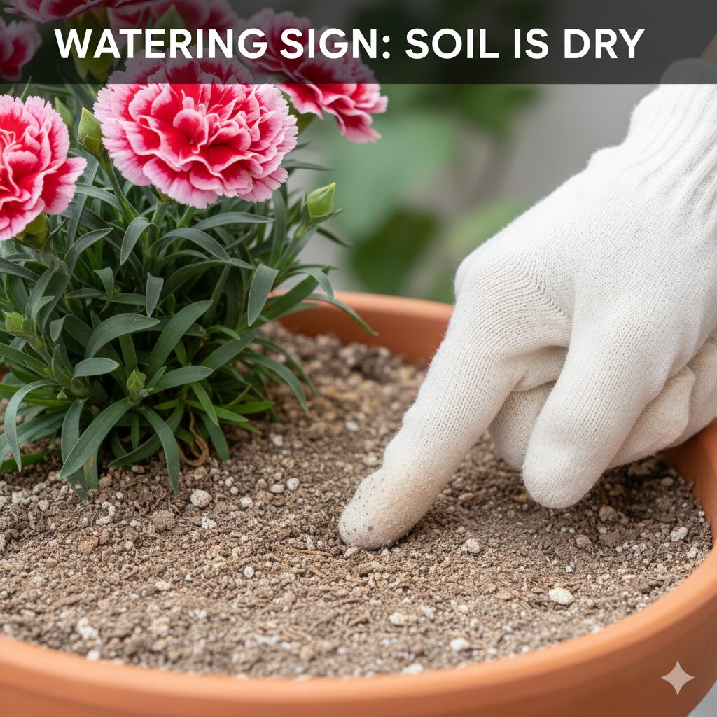 カーネーション 鉢植え もらったら　カーネーションの水やりタイミングを見極めるために土の乾燥状態を指で確認する方法