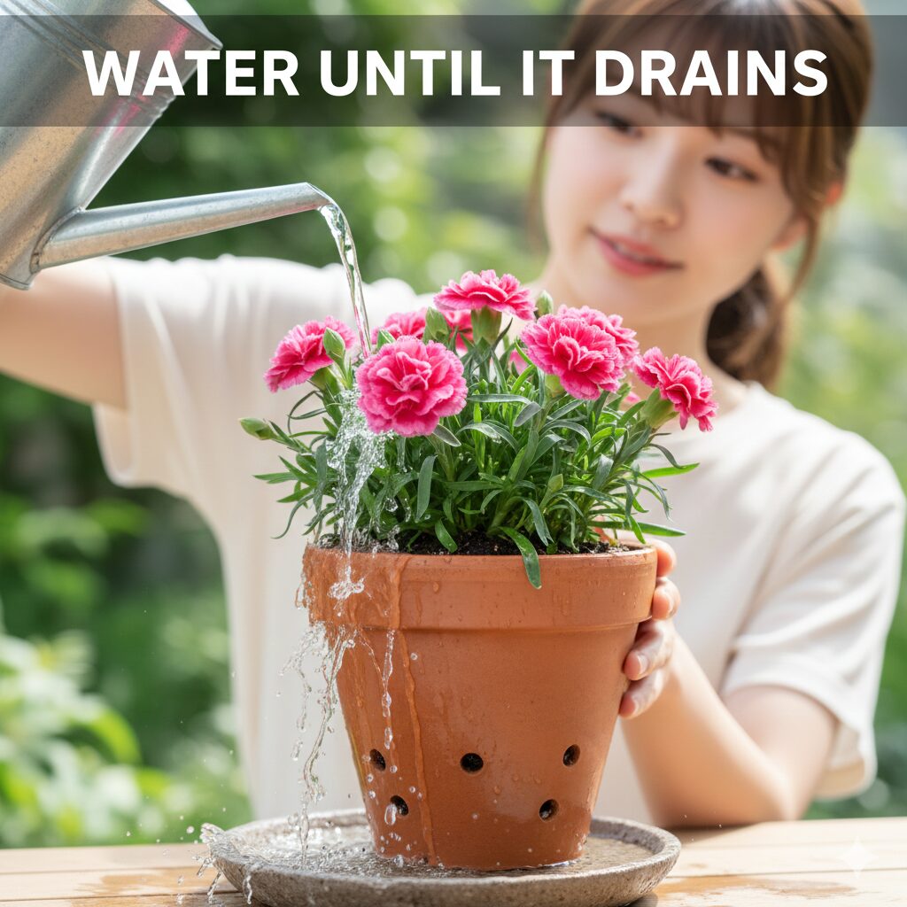 カーネーション 鉢植え もらったら　鉢底から流れ出るまでたっぷりと与えるカーネーションの正しい水やりの方法