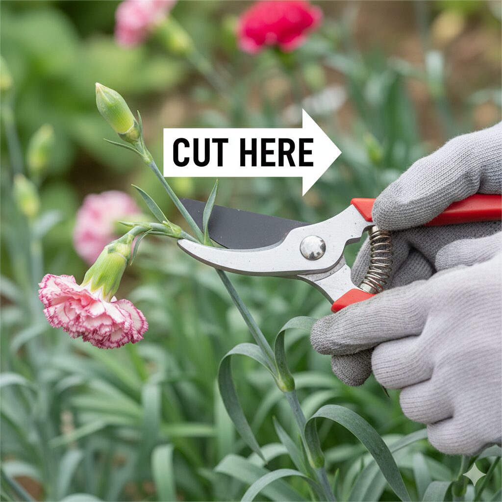 カーネーション 鉢植え もらったら　カーネーションの花がら摘みで茎の節の上をカットする正しい位置のクローズアップ