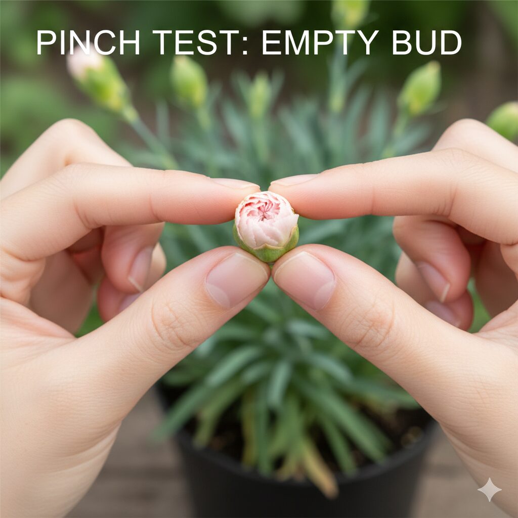 カーネーション 鉢植え もらったら　咲かないカーネーションの空虚な蕾（シイナ）を指でつまんで中身を確認する様子