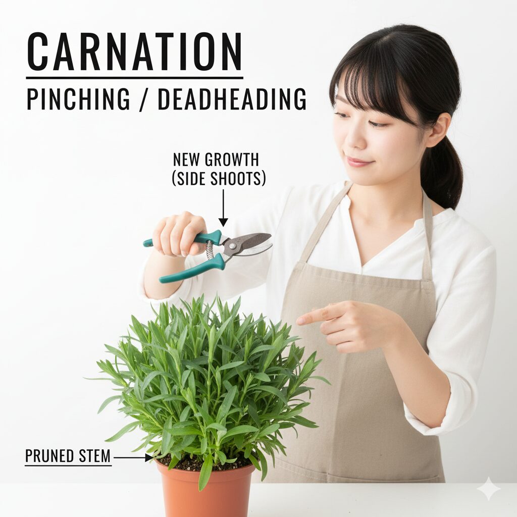 カーネーション 鉢植え もらったら　夏越しのために草丈を半分程度に切り戻し剪定したカーネーションの鉢植え