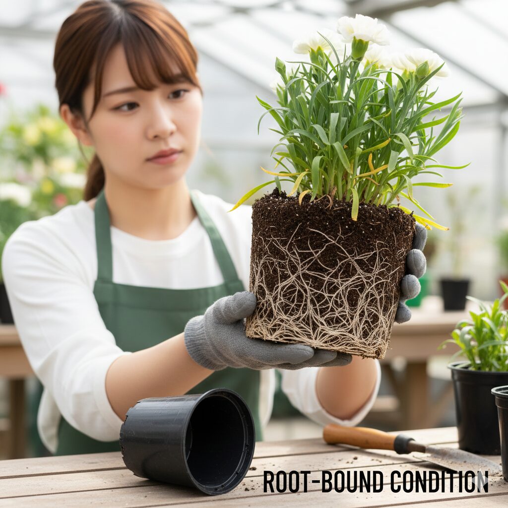 カーネーション 鉢植え もらったら　植え替えが必要なサインである根詰まり（サークリング）を起こしたカーネーションの根