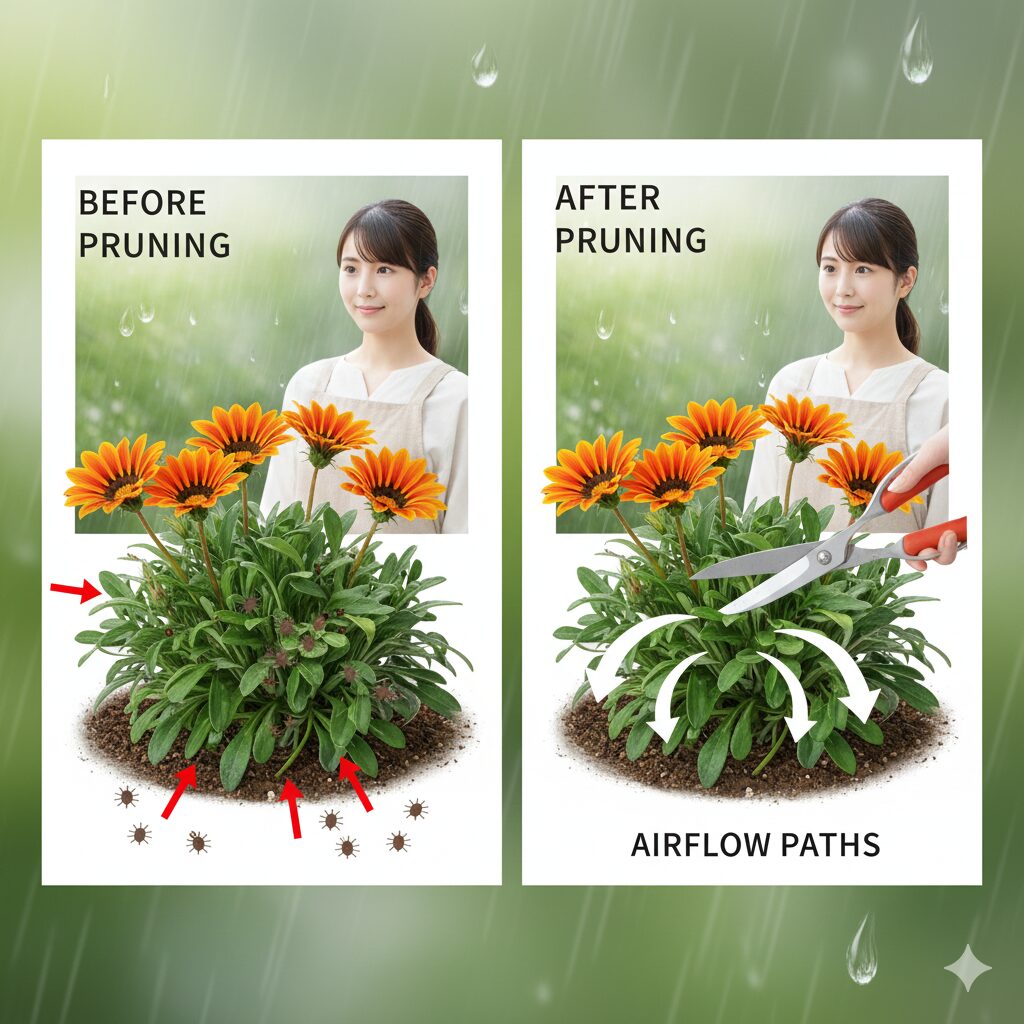 ガザニア 切り戻し方法　ガザニアの剪定による蒸れ対策の図解。密生した株元と、剪定で風通しを良くして病害虫の発生リスクを軽減する効果を示す。