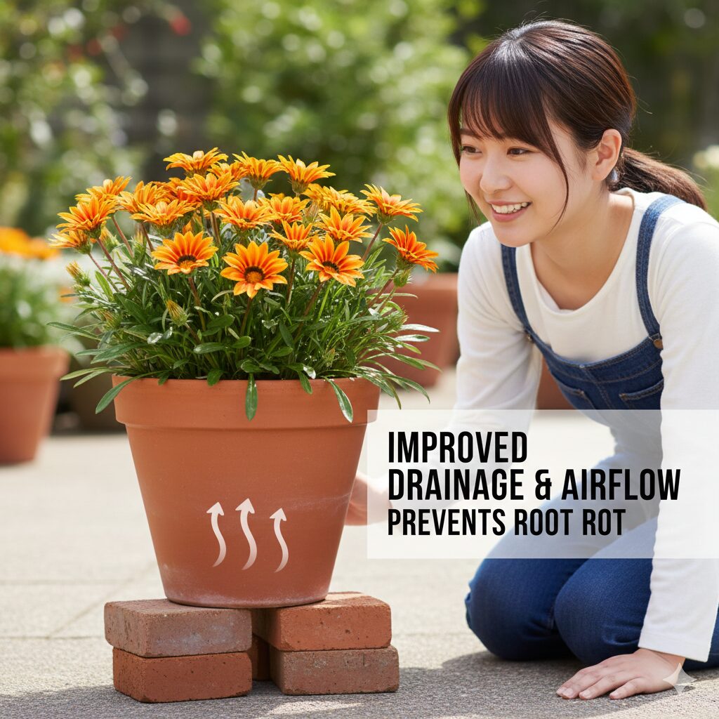 ガザニア 切り戻し方法　ガザニアの鉢植え管理における蒸れ対策。レンガで鉢を地面から浮かせることで、鉢底の風通しを確保し、過湿を防ぐ工夫を示す。