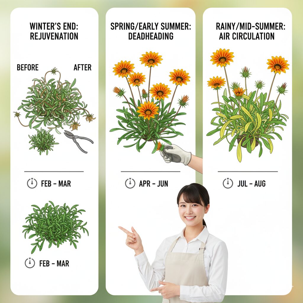 ガザニア 切り戻し方法　ガザニアの年間を通じた戦略的な切り戻しサイクルを示すインフォグラフィック。春の若返り、開花期管理、夏の蒸れ対策の3つの時期と剪定の深さを解説。