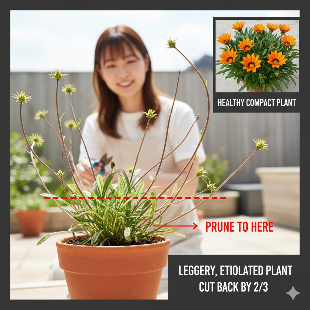 ガザニア 切り戻し方法　徒長したガザニアの株と、蒸れ対策として大胆に草丈の2/3の位置で切り戻すラインを示す実践的な写真。