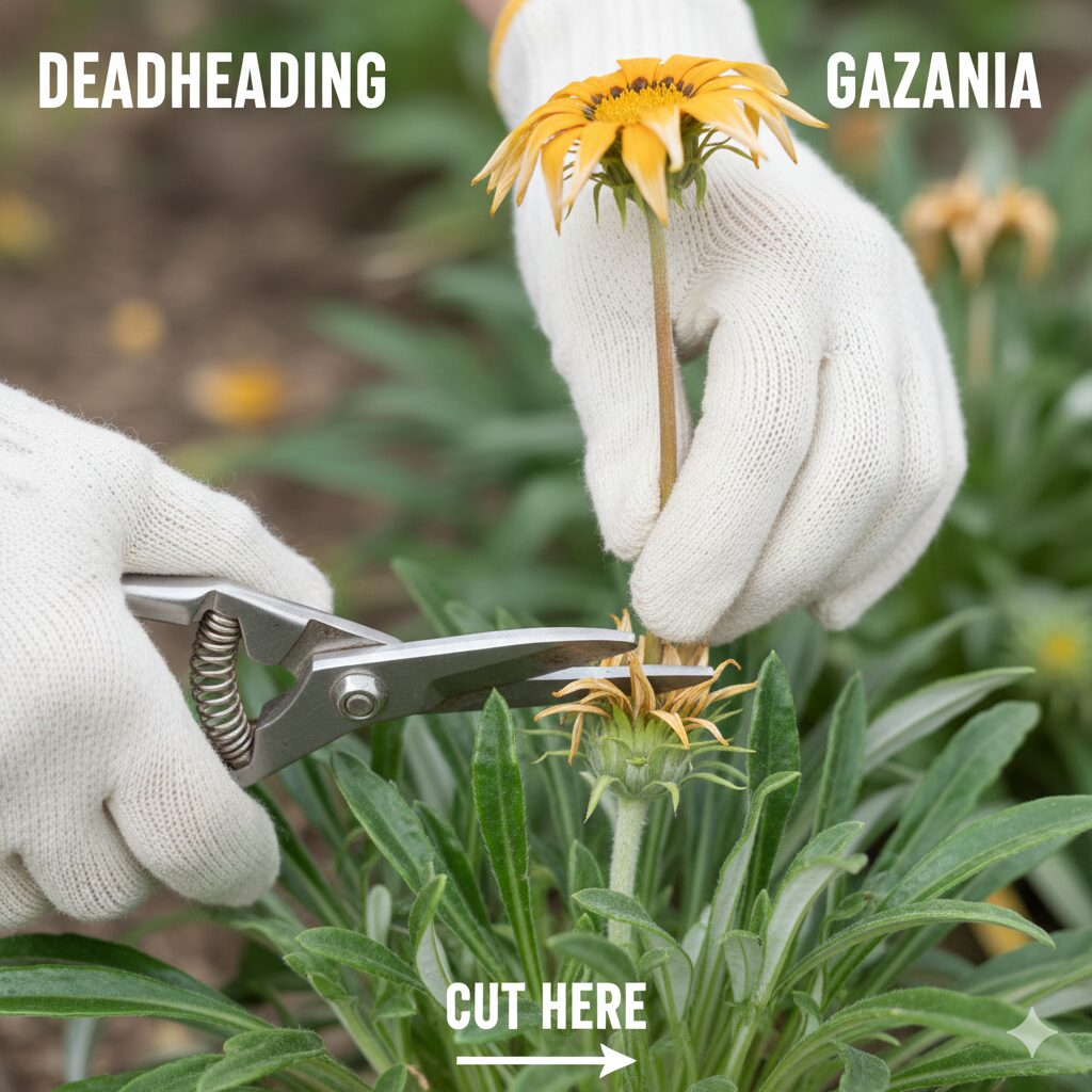 ガザニア 切り戻し方法　ガザニアの花がら摘み（デッドヘッディング）の正しい方法。枯れた花弁ではなく花茎の根元で切り取る正確な位置をクローズアップして示す。