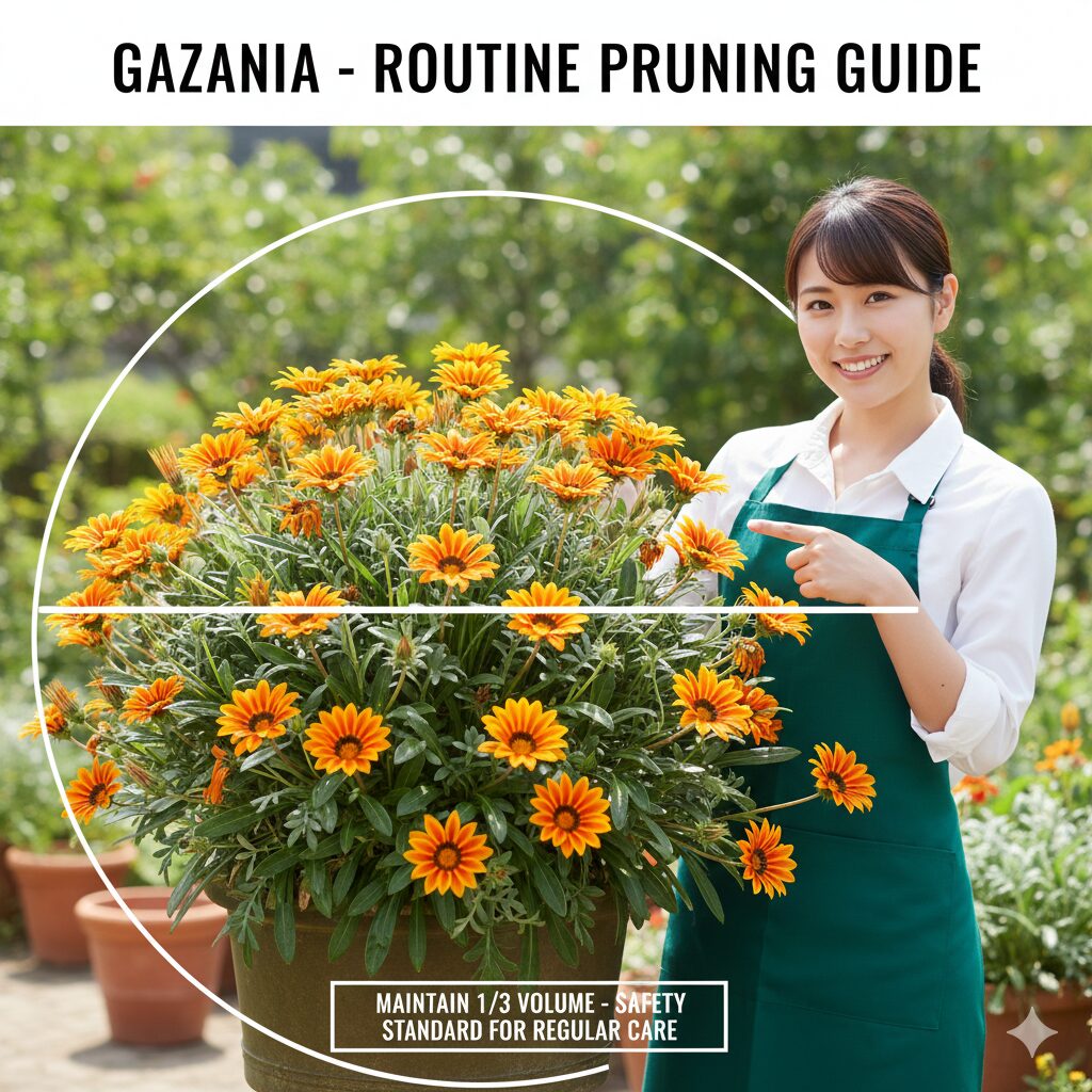 ガザニア 切り戻し方法　ガザニアのルーティン剪定における「1/3ルール」の図解。株の全体的なボリュームの約1/3までを切り戻す安全な深さを示す。