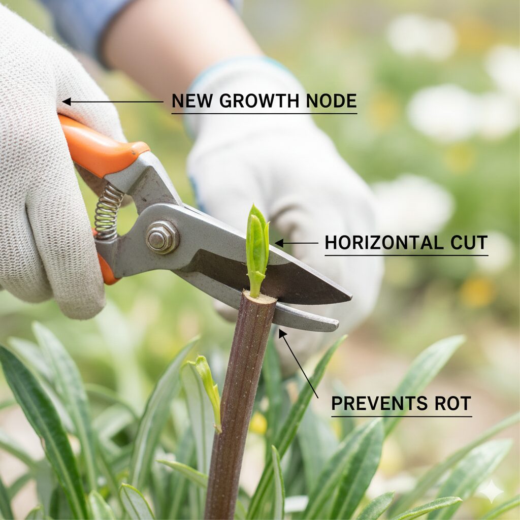 ガザニア 切り戻し方法　ガザニアの剪定における正確なカッティングテクニック。次に伸びる芽の上で切り口を水平に切断することで腐敗を防ぐ方法の図解。