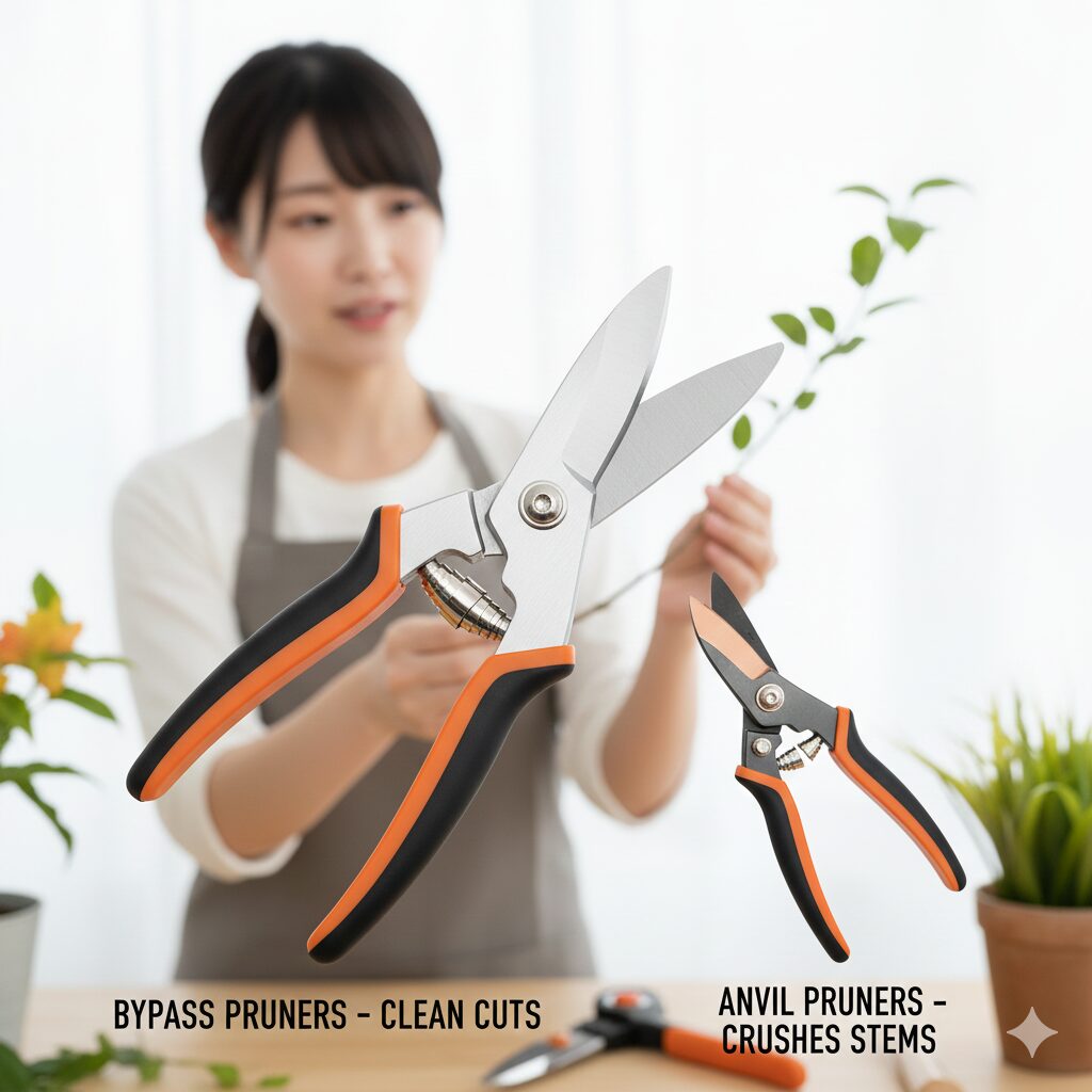 ガザニア 切り戻し方法　ガザニアの柔らかい茎の剪定に適した、切り口を潰さないバイパス型剪定鋏のクローズアップ写真。