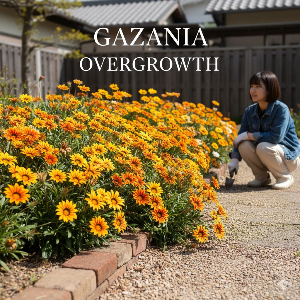 ガザニア 増えすぎ　一般住宅の庭で、花壇から溢れんばかりに増えすぎて咲き乱れるガザニアの様子。