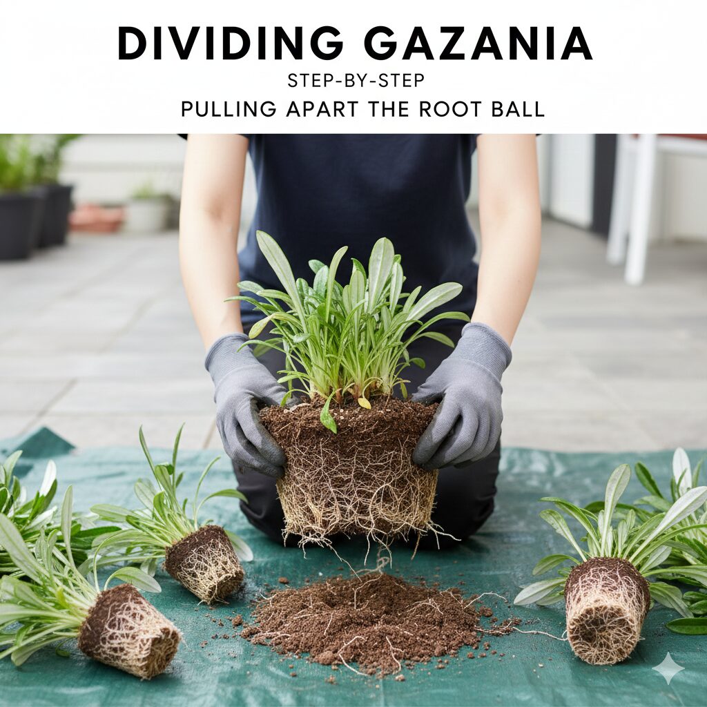 ガザニア 増えすぎ　掘り上げた大きなガザニアの株を手でいくつかに分割している株分け作業の様子。