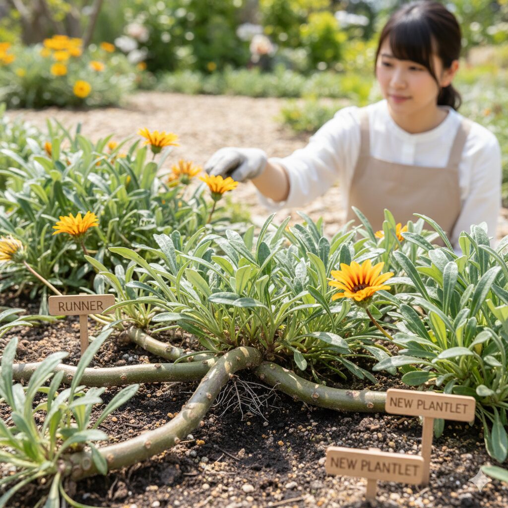 ガザニア 増えすぎ　地面を這うように伸び、節から根を出して広がるガザニアの強力な匍匐茎（ランナー）。