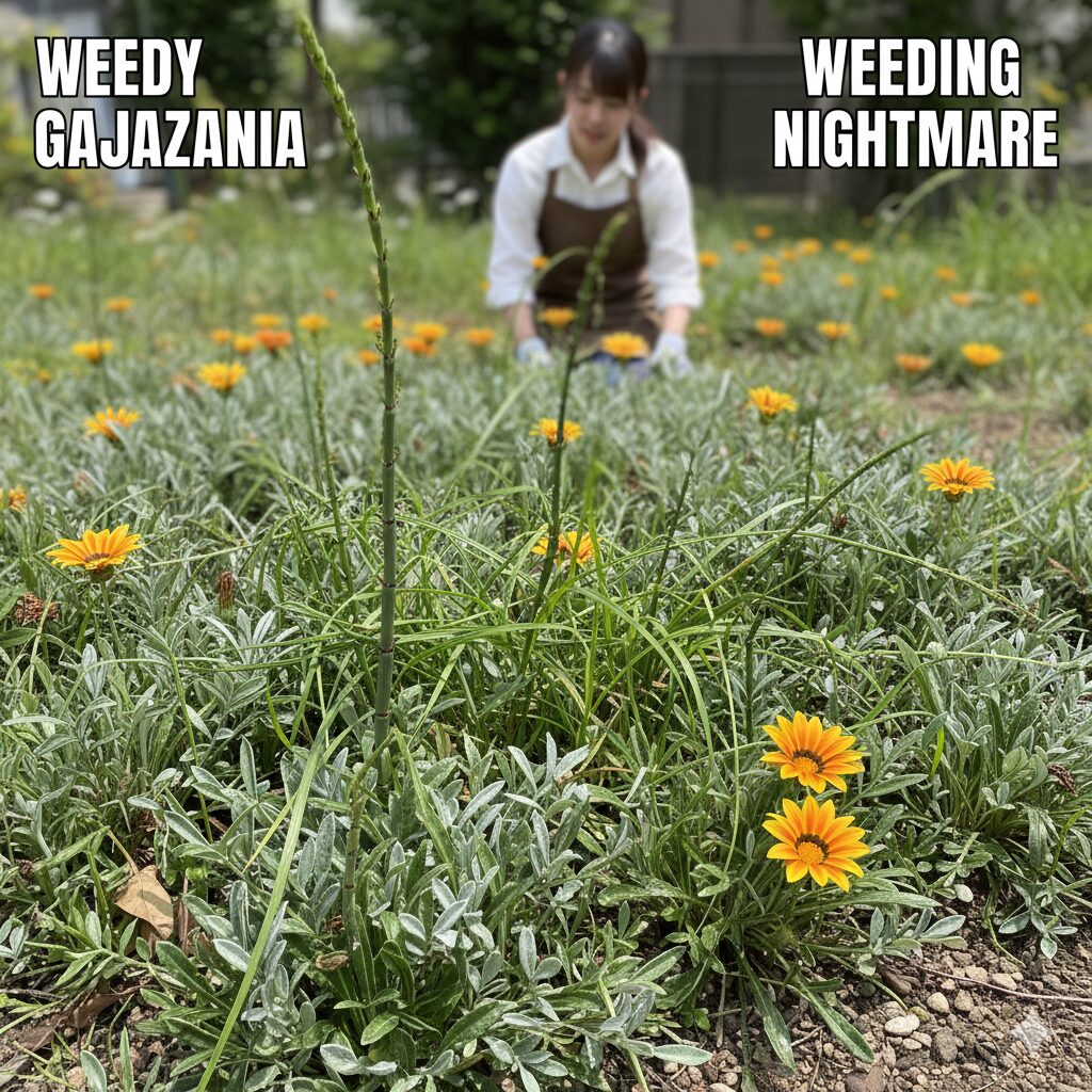 ガザニア 増えすぎ　グランドカバーにしたガザニアの葉の隙間から、スギナなどの雑草が生えてきている様子。