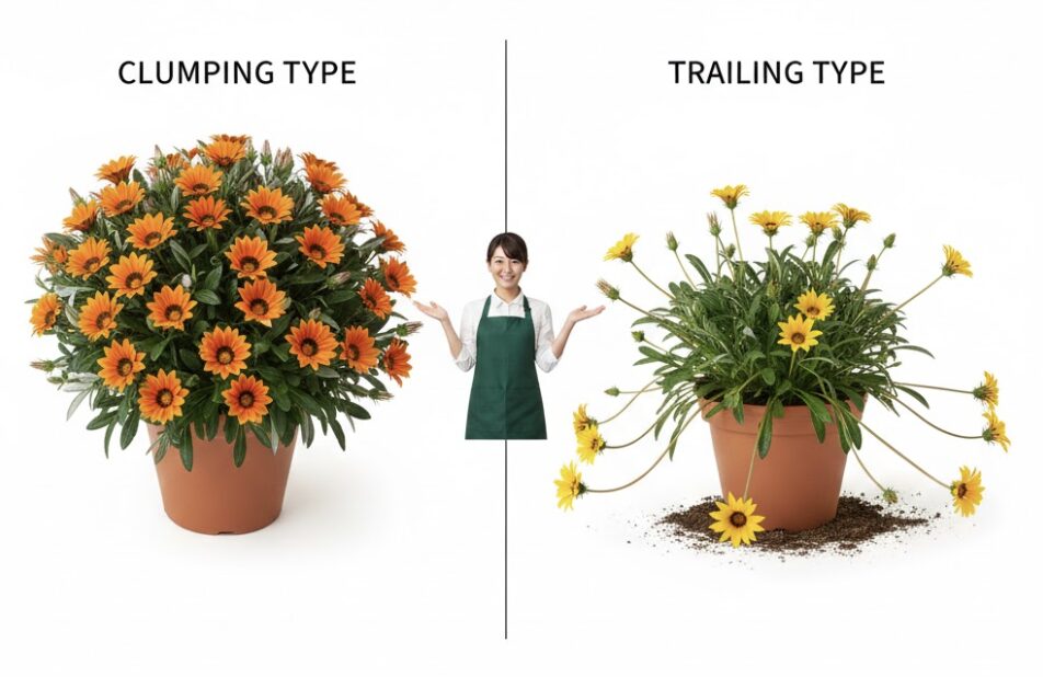 ガザニア 増えすぎ4　ガザニアの2つの成長タイプを左右に並べて比較した写真。左側は「叢生（そうせい）型」として、株元から葉が密集しボール状に大きく盛り上がった株。右側は「匍匐（ほふく）型」として、長い茎（ランナー）を放射状に地面に広げている株。