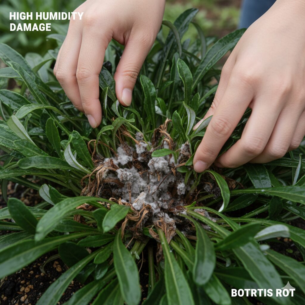 ガザニア 増えすぎ　梅雨時の高湿度な環境下、葉が混み合ったガザニアの株内部を接写した写真。風通しが悪いため、地際の茎や下葉が茶色くドロドロに腐敗し、灰色のカビ（ボトリチス菌）が発生している様子。