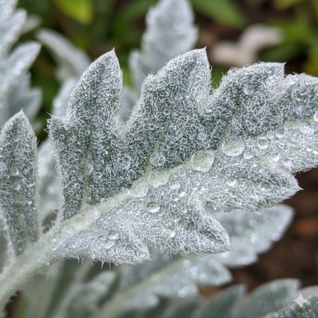 ガザニア 増えすぎ　シルバーリーフ系ガザニアの葉の表面のマクロ撮影写真。葉を覆う銀白色の微細な毛（トライコーム）がはっきりと見え、その毛の間に雨粒や湿気が絡みついて溜まっている様子。