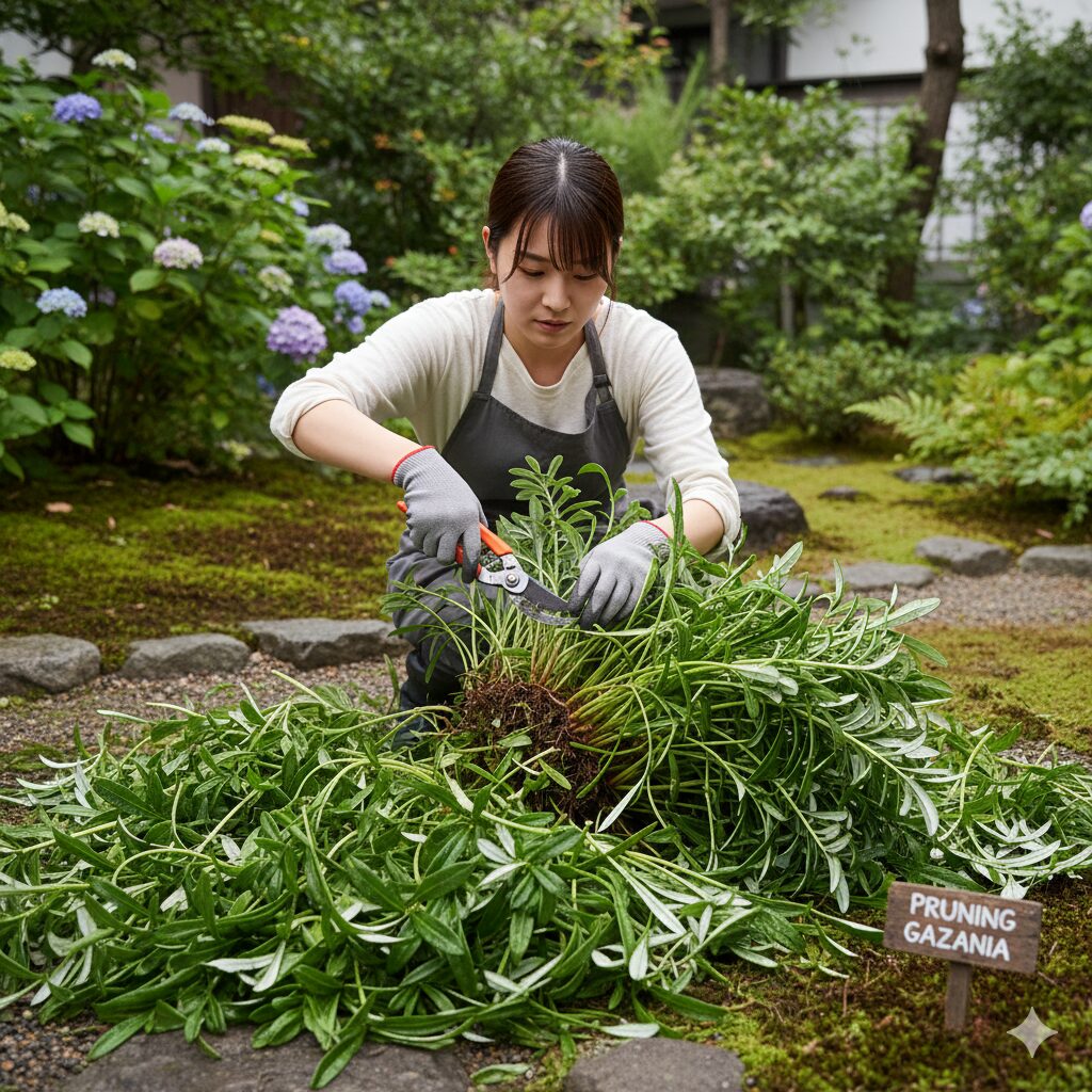 ガザニア 増えすぎ　日本の庭園で、ガーデニング用手袋をした人物が作業している写真。梅雨入り前の対策として、増えすぎたガザニアの株を剪定ばさみでバッサリと切り戻しているシーン。足元にはカットされた大量の葉や茎がある。