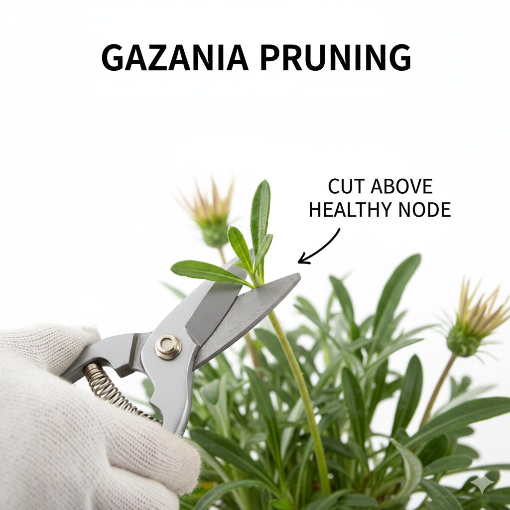 ガザニア 増えすぎ　ガザニアの剪定で、緑の葉が残っている節の上で茎をカットしている正しい位置を示す解説写真。