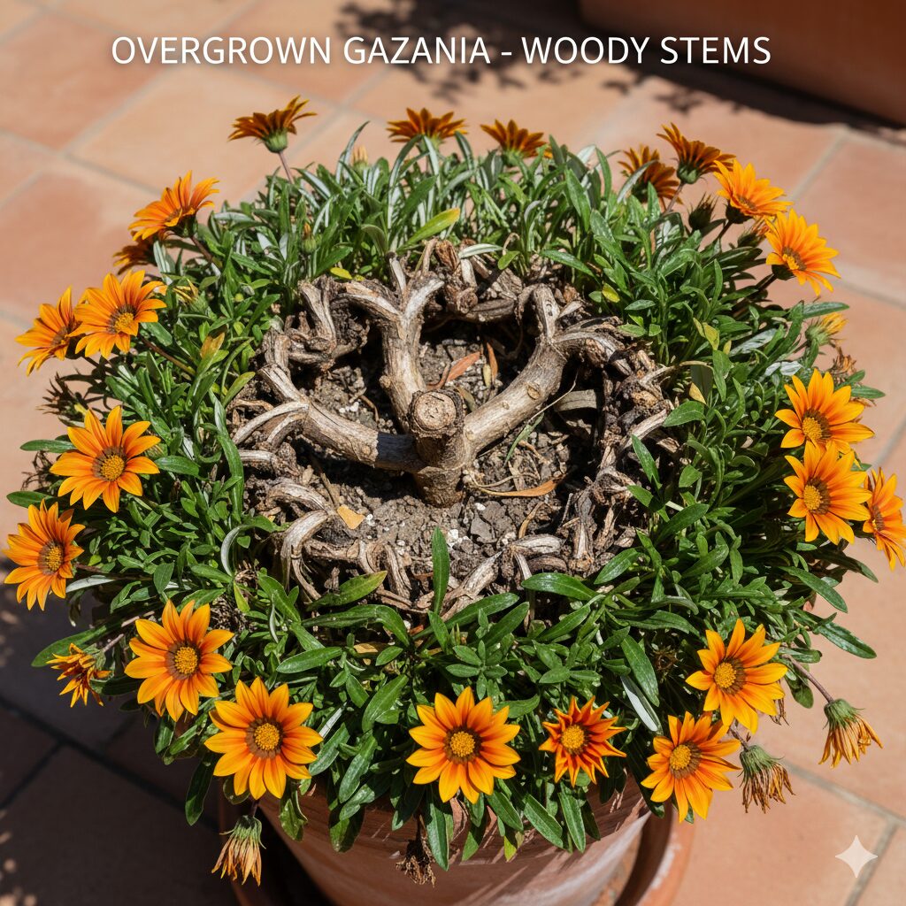 ガザニア 増えすぎ　何年も植えっぱなしにされた古いガザニアの株の写真。株の中心部からは葉がなくなり、太く茶色い木のような茎（木質化）が剥き出しになっている。葉と花は株の外周部分にしかなく、ドーナツ状の形になっている。
