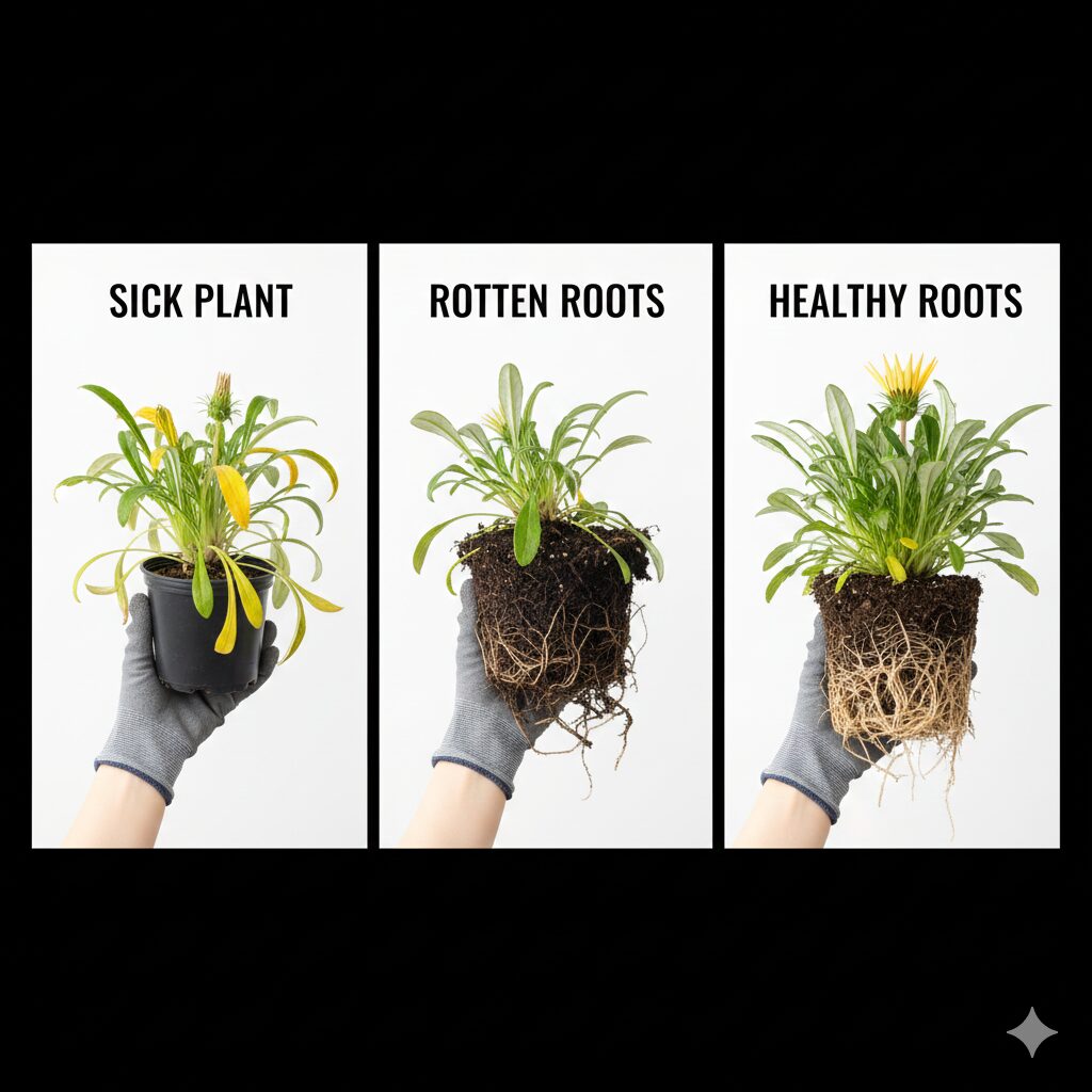 ガザニア 枯れる　根腐れで葉がしおれたガザニアの株と、健康な根（白）と腐敗した根（黒や茶色）の比較写真。