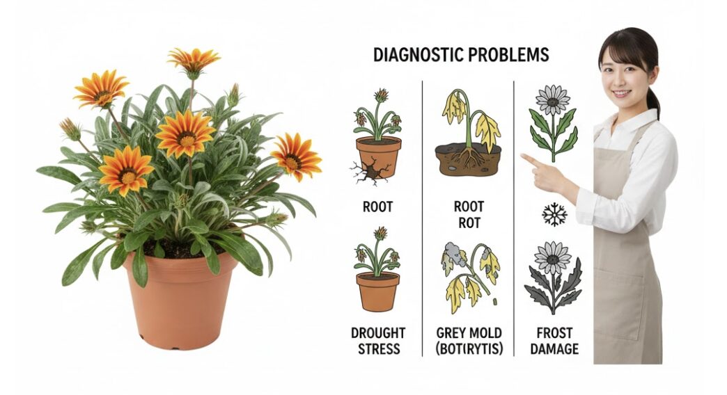 ガザニア 枯れる10　ガザニアの即時診断ガイド。水切れ、根腐れ、灰色かび病、霜害の主要な症状をイラストで対比させた図。