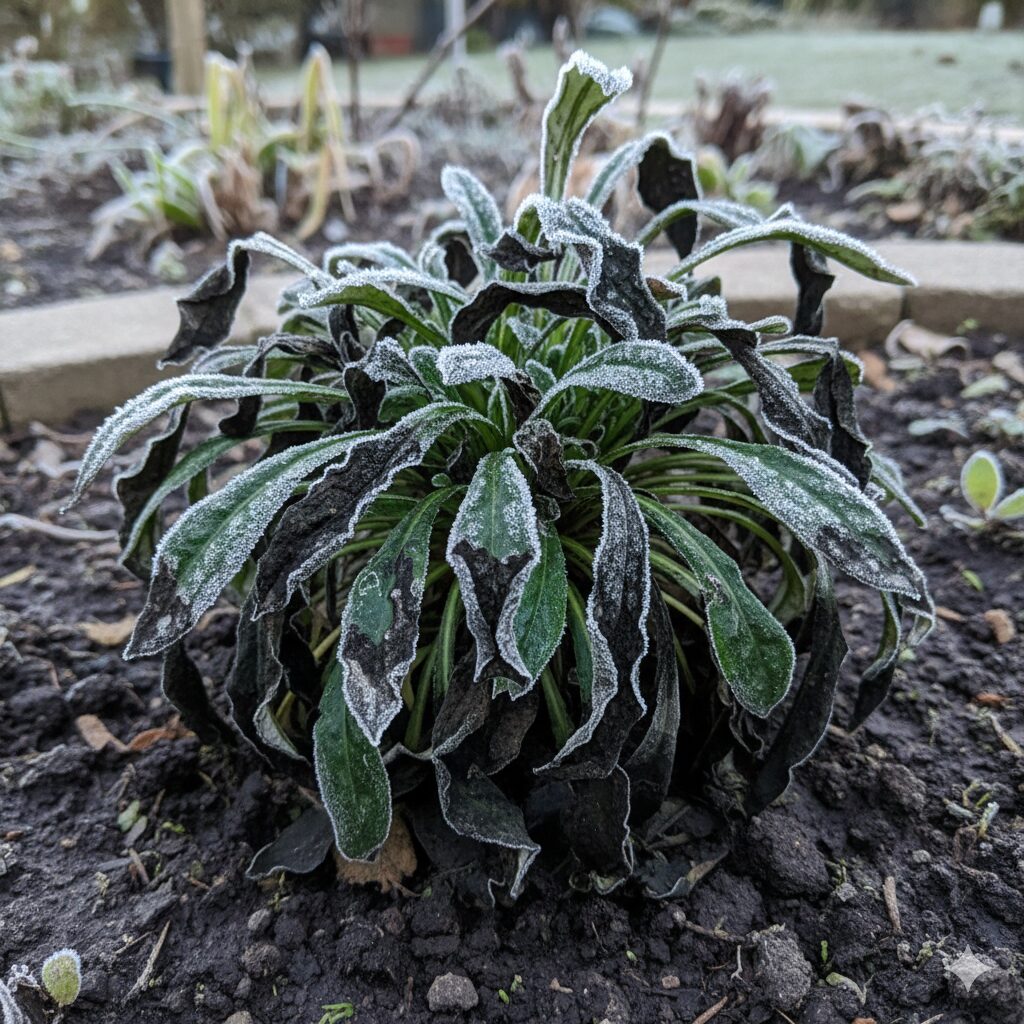 ガザニア 枯れる2　霜害を受けたガザニアの葉のクローズアップ。葉が黒く変色し凍死した状態を示す。