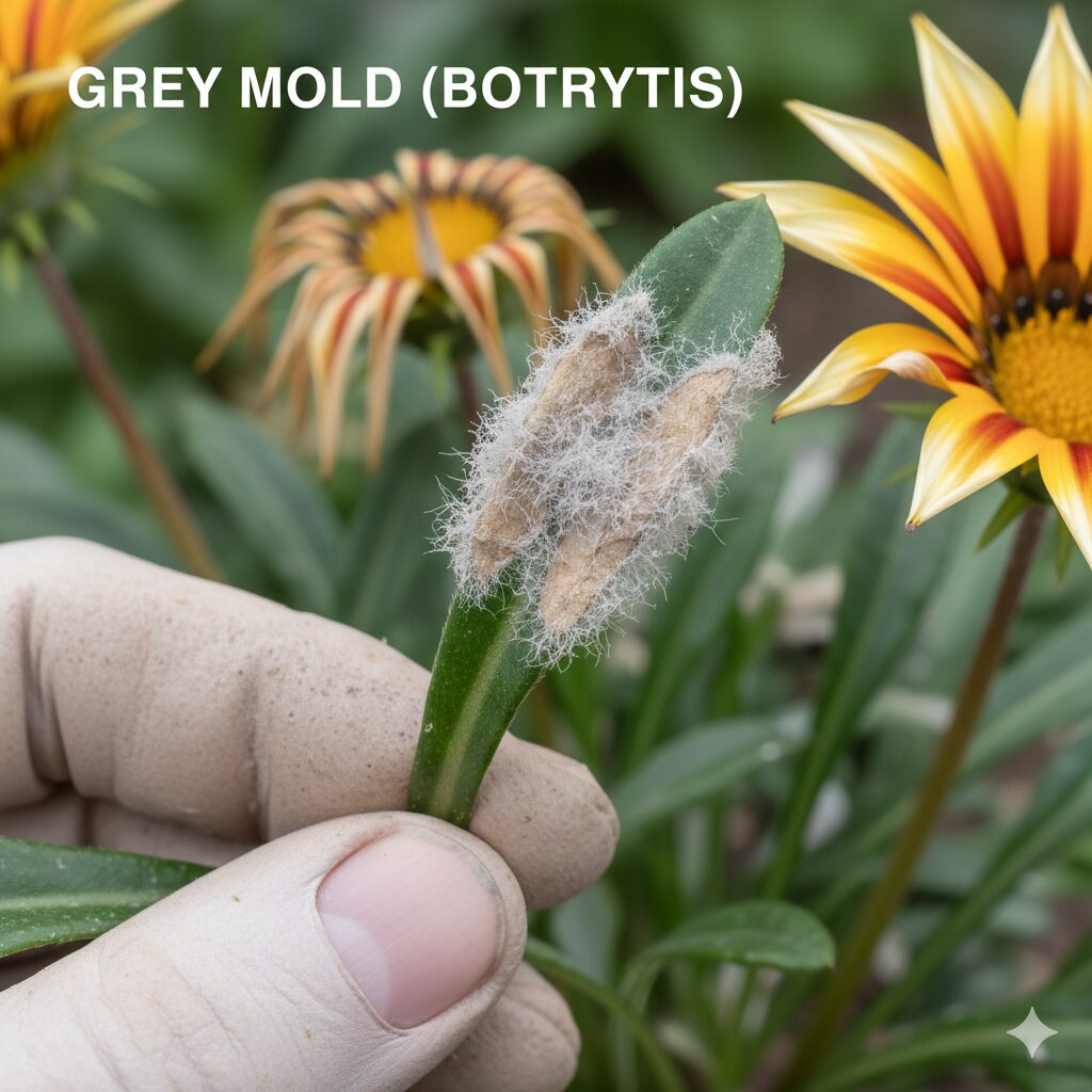 ガザニア 枯れる3　ガザニアの葉柄に発生した灰色かび病の初期症状。灰色のカビと淡褐色の病斑の接写。