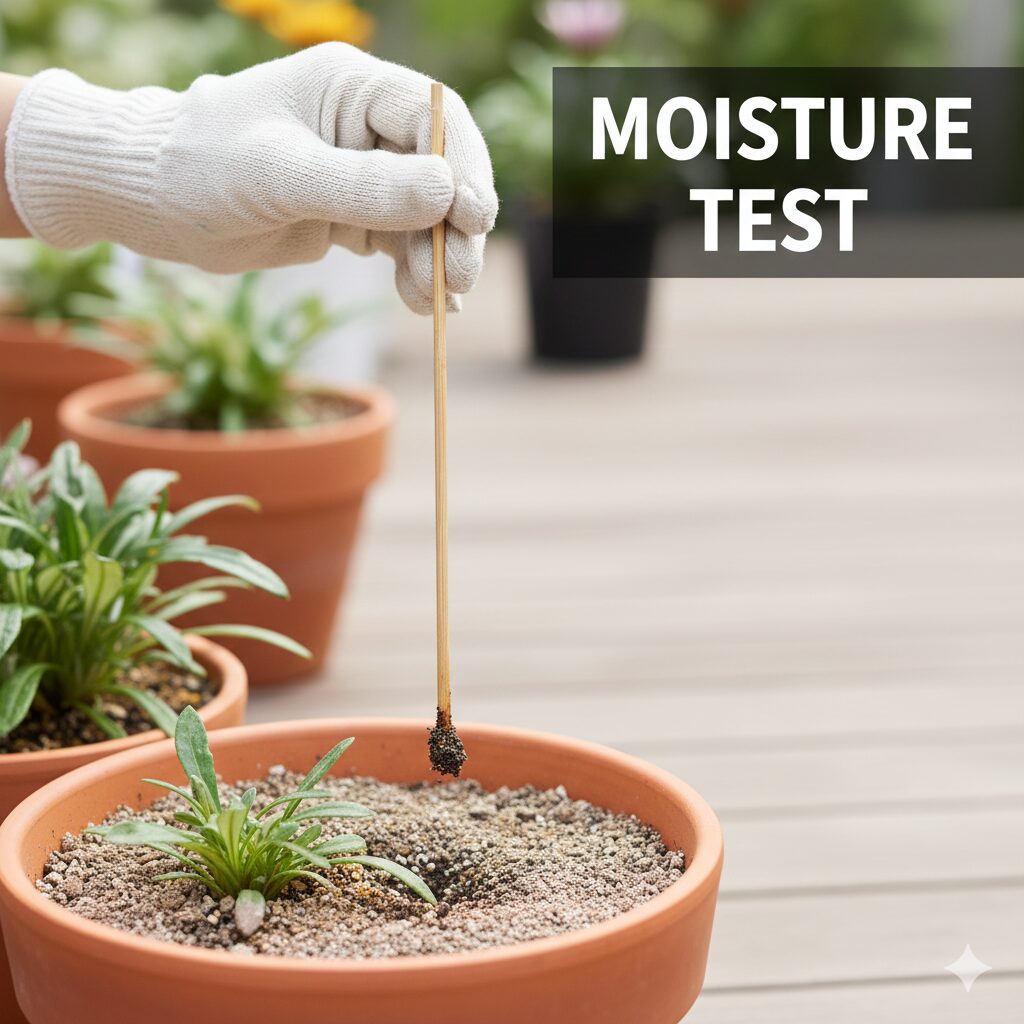 ガザニア 枯れる4　鉢植えガザニアの土の深部に竹串を刺し、水やりのタイミングを判断する「竹串チェック法」の実践写真。